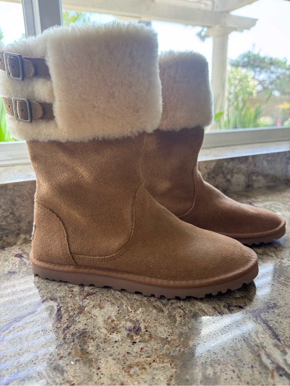 UGG Chestnut Suede Shearling Cuff Mid-Calf Boots